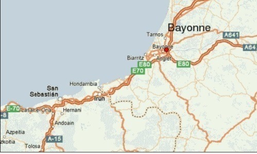 Mapa político que muestra la distancia existente entre Bayona (Francia) y España